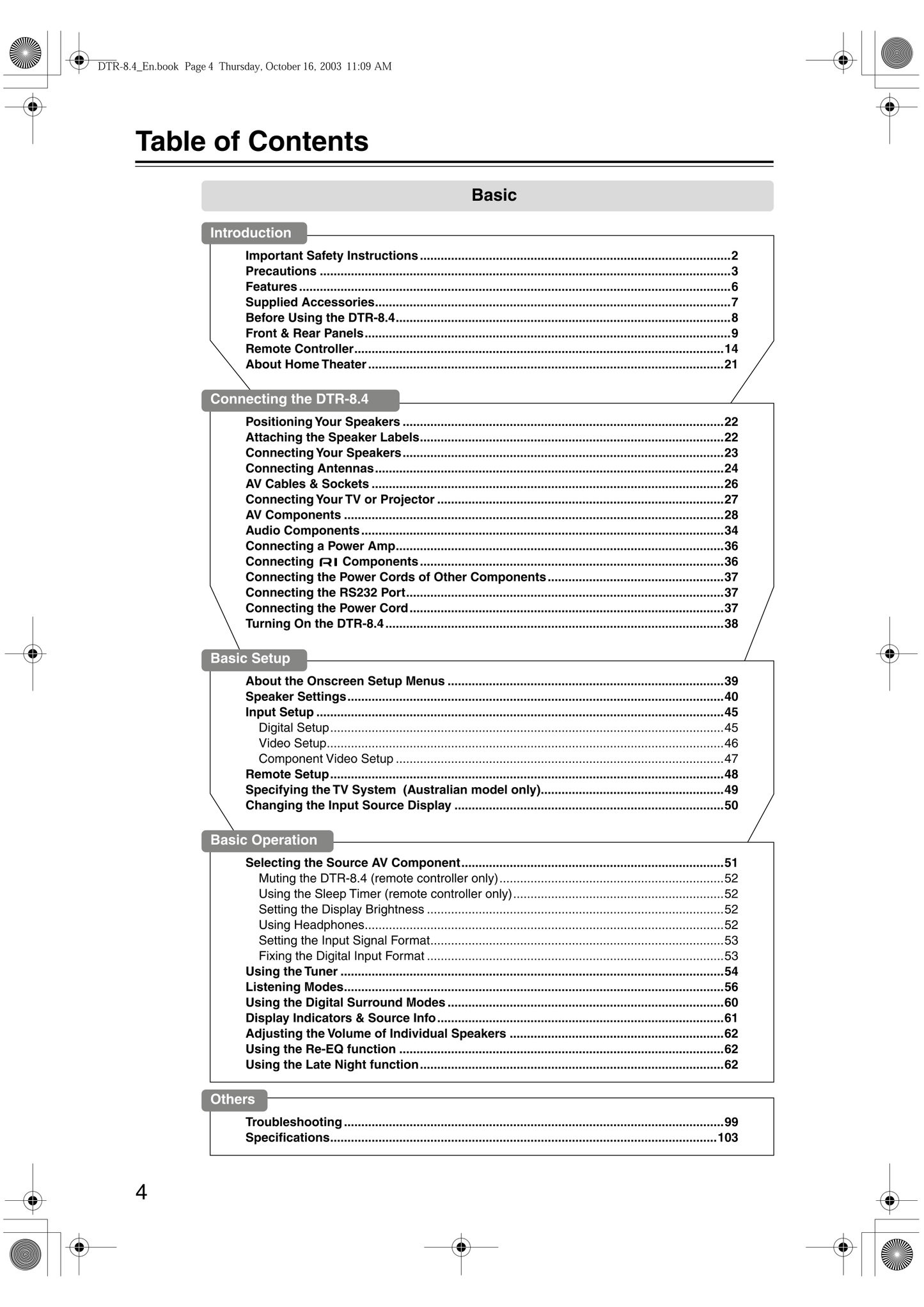 Integra DTR-8.4 AV Receiver Owner's/ User Manual (Pages: 109)