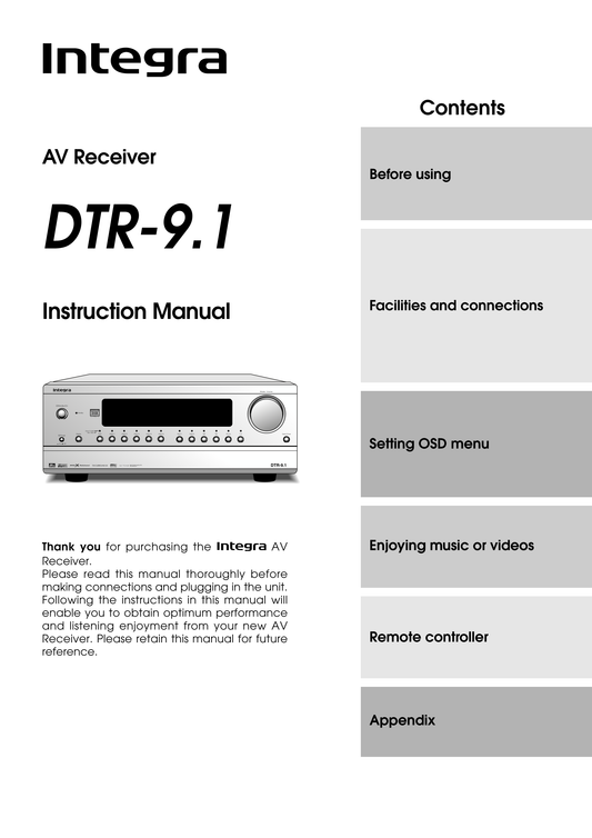 Integra DTR-9.1 AV Receiver Owner's/ User Manual (Pages: 92)