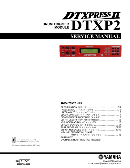 Yamaha DTXP2 & DTXPRESS II Drum Trigger Module Service Manual (Pages: 52)