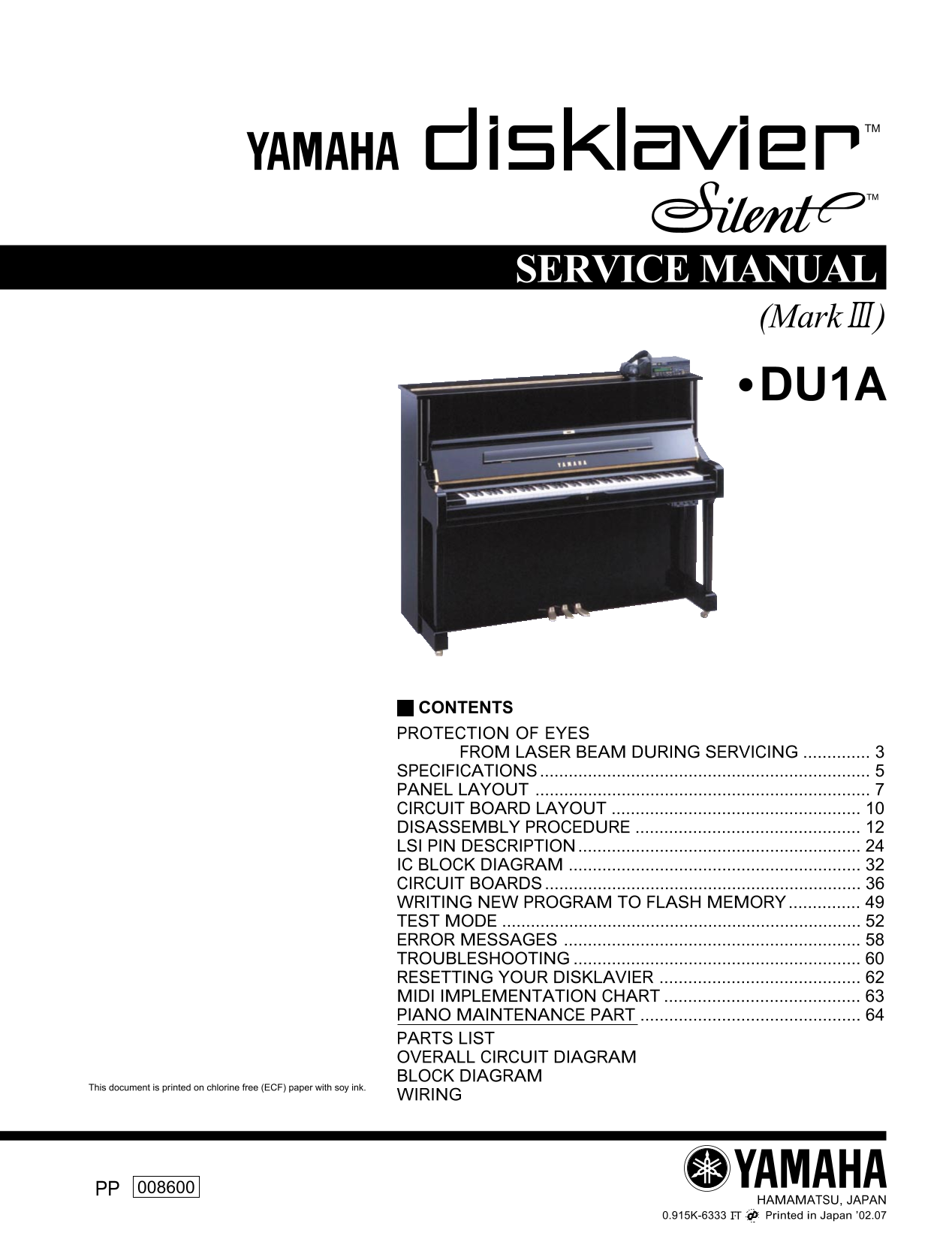 Yamaha Disklavier Silent Mark III DU1A Piano Service Manual (Pages: 151)