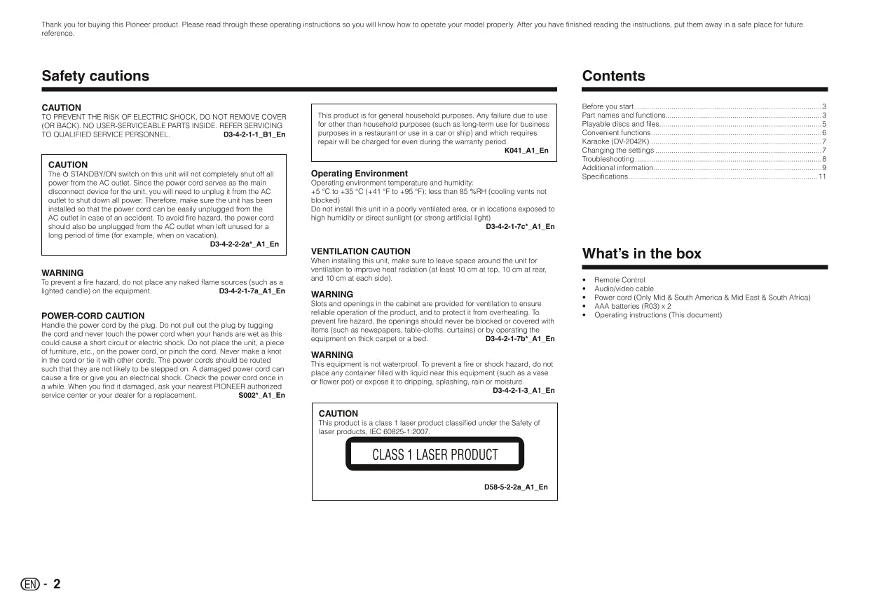 Pioneer DV-2042K, DV-2240 & DV-2242 DVD Player Owner/ User Manual (Pages: 12)