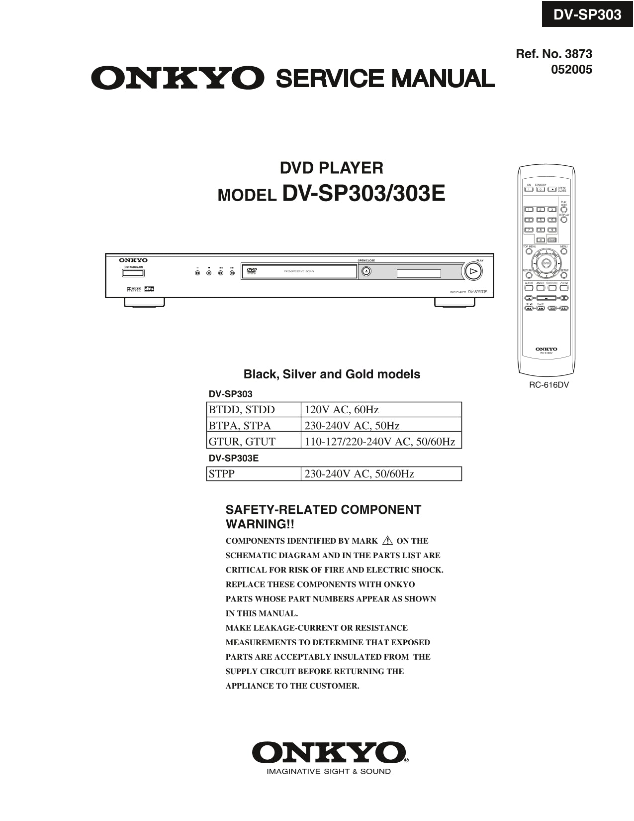 Onkyo DV-SP303 & DV-SP303E DVD Player Service Manual (Pages: 66)