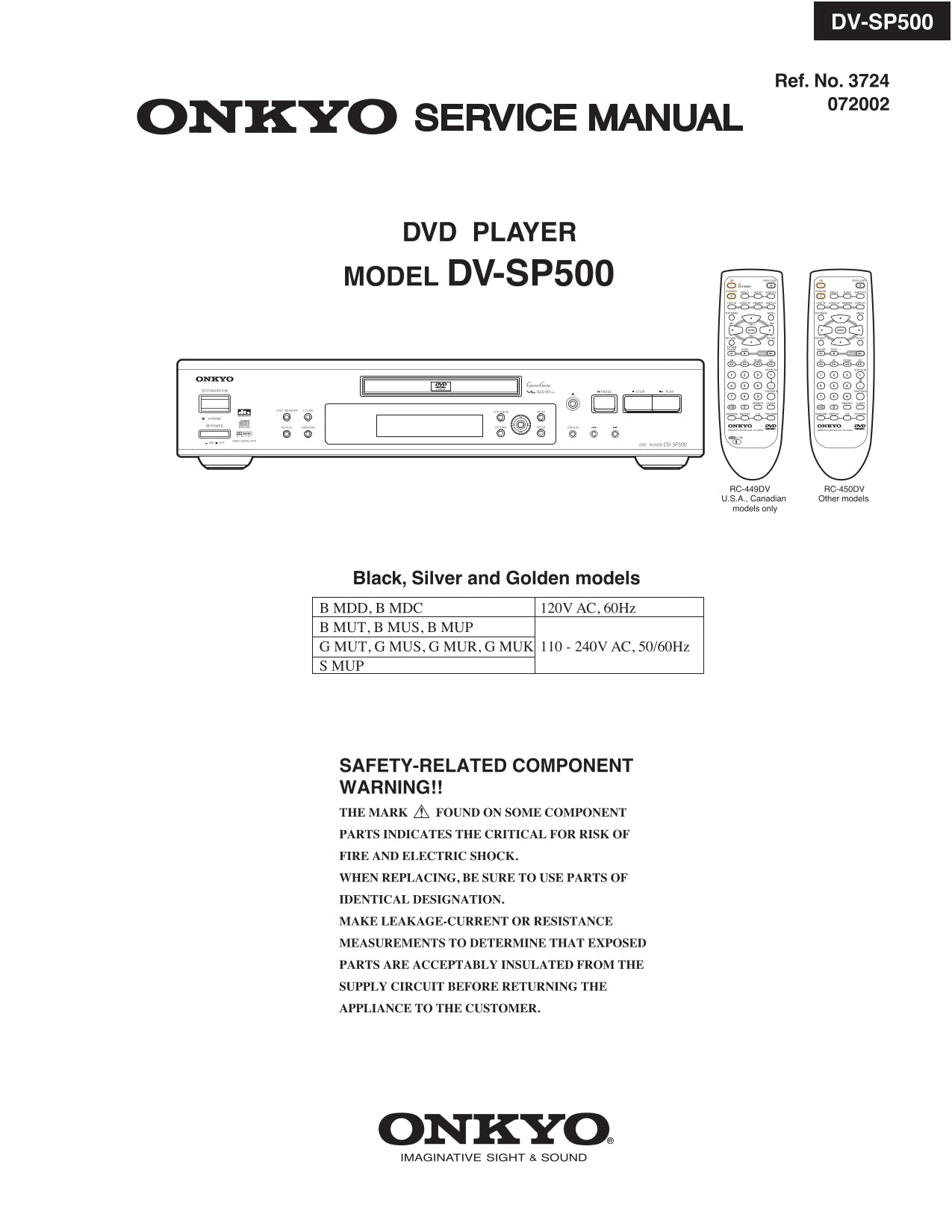 Onkyo DV-SP500 DVD Player Service Manual (Pages: 89)