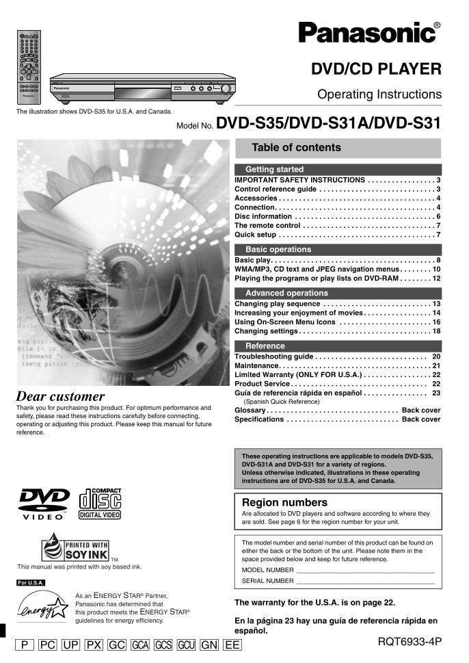 Panasonic DVDS31 DVDS35 DVDS35A DVD Player Operating Manual