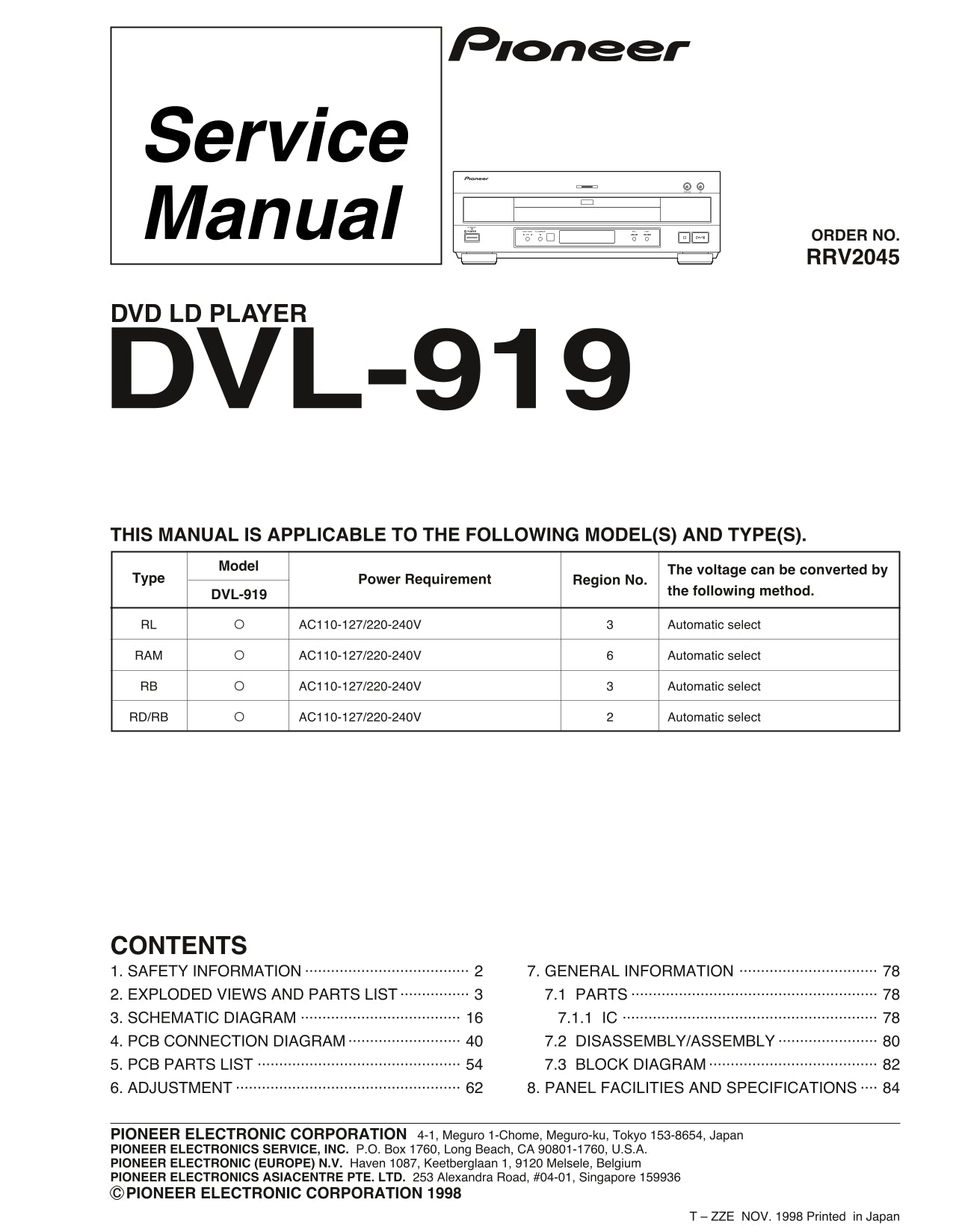 Pioneer DVL-919, DVL-919E DVD/ LD Player Service Manual (Pages: 72)