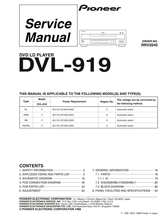 Pioneer DVL-919, DVL-919E DVD/ LD Player Service Manual (Pages: 72)