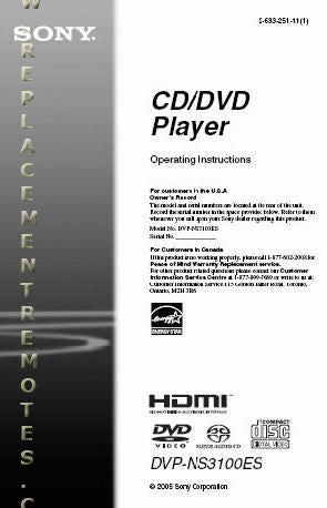 Sony DVPNS3100ES DVPNS3100ESB RMASP002 DVD Player Operating Manual