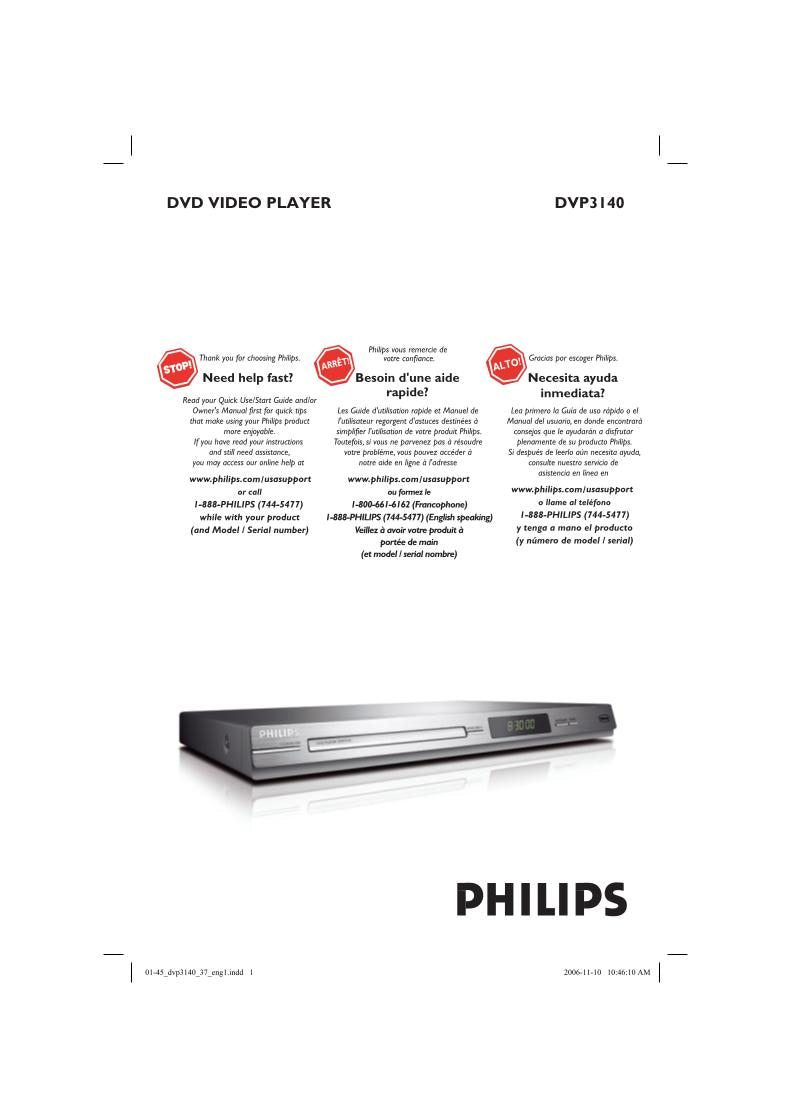 Philips DVP3140 DVD Player Operating Manual