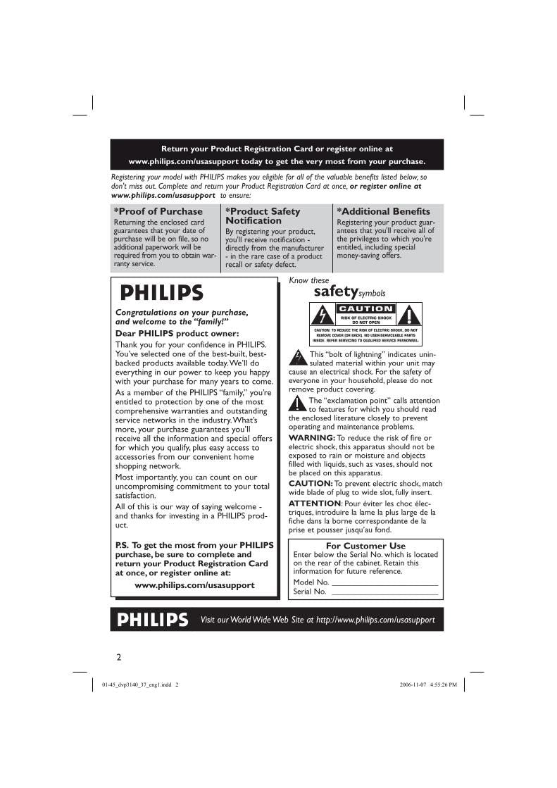 Philips DVP3140 DVD Player Operating Manual