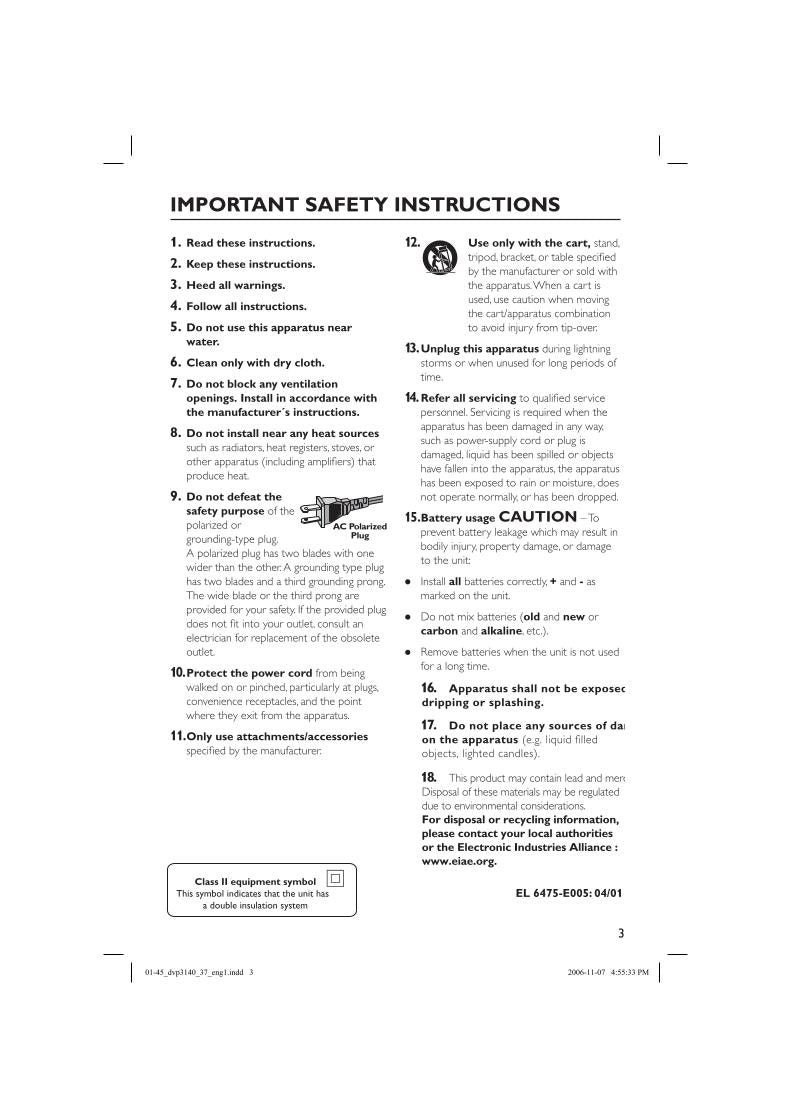 Philips DVP3140 DVD Player Operating Manual