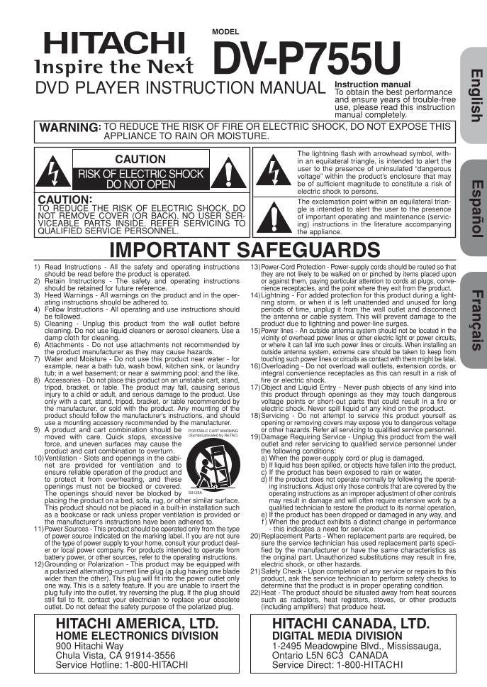 Hitachi DVP755U DVD Player Operating Manual