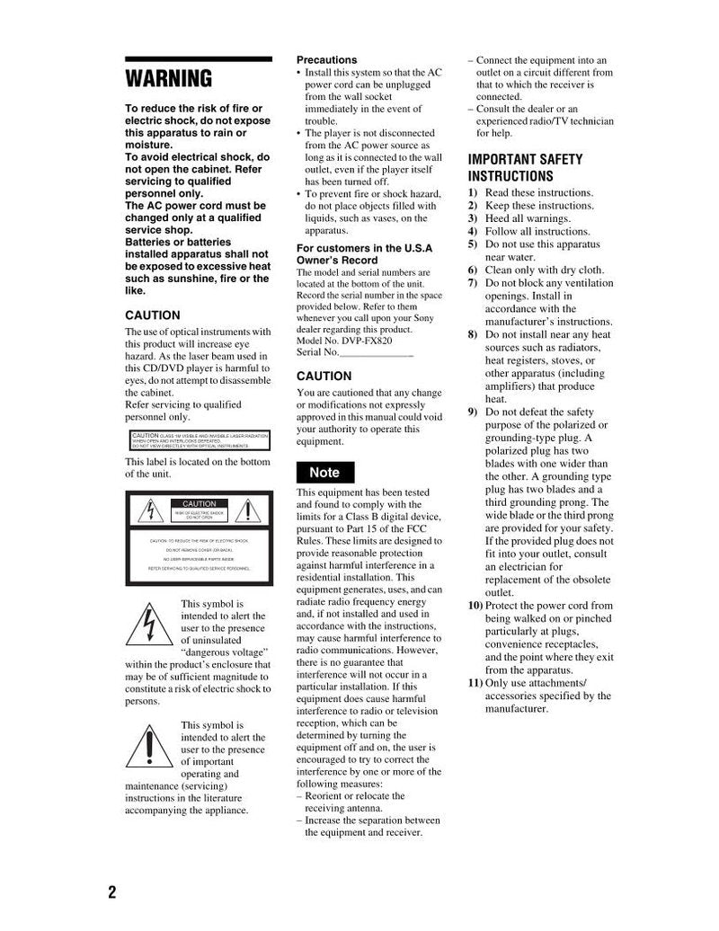 Sony DVPFX820 TV/DVD Combo Operating Manual