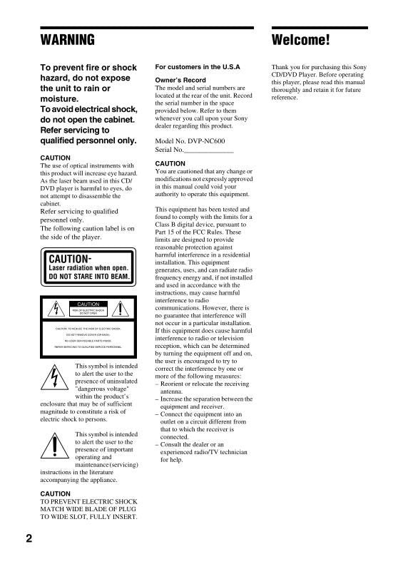 Sony DVPNC600 DVD Player Operating Manual