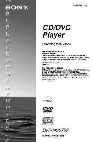 Sony DVPNS575 DVPNS575P DVPNS575PB DVD Player Operating Manual