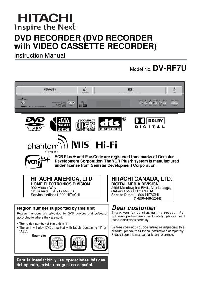 Hitachi DVRF7U DVD/VCR Combo Player Operating Manual