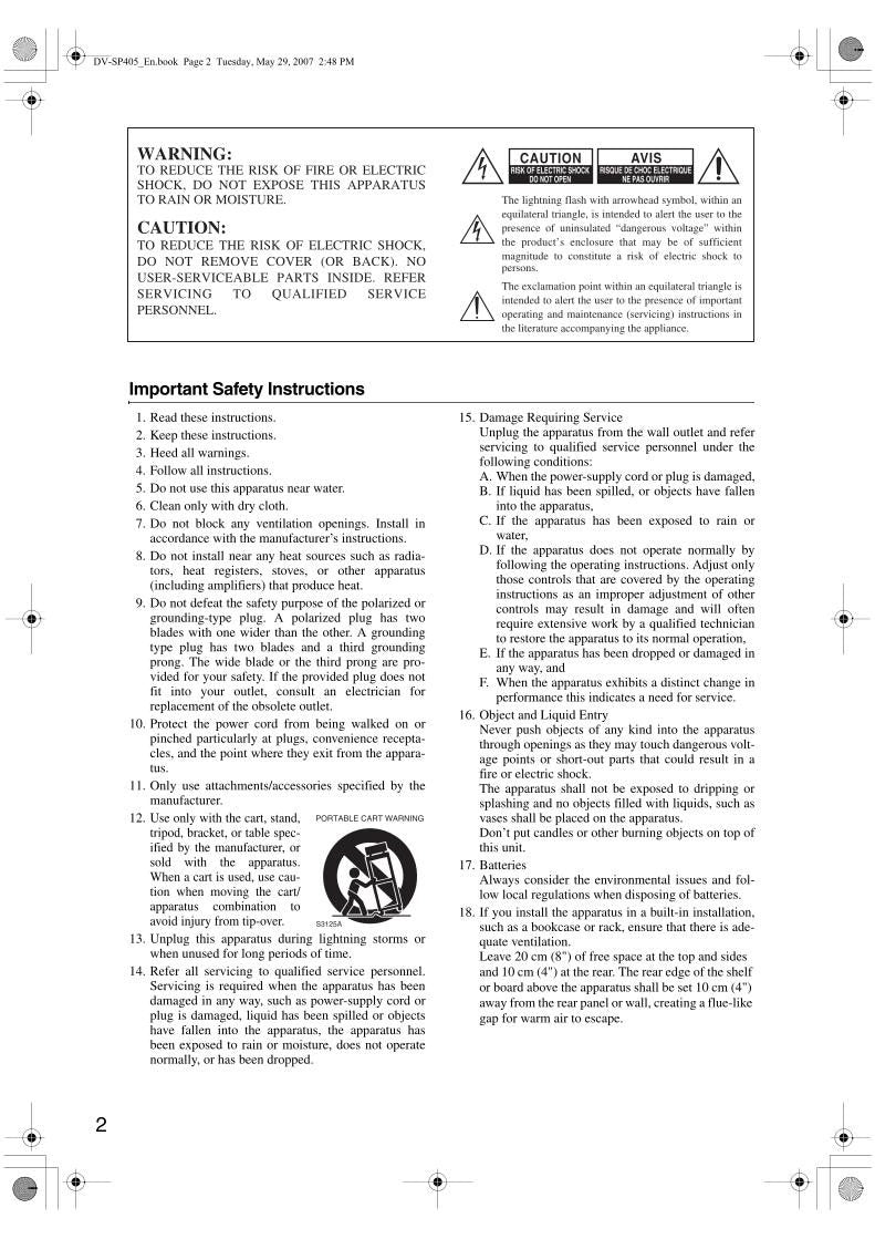 Onkyo DVSP405 DVD Player Operating Manual