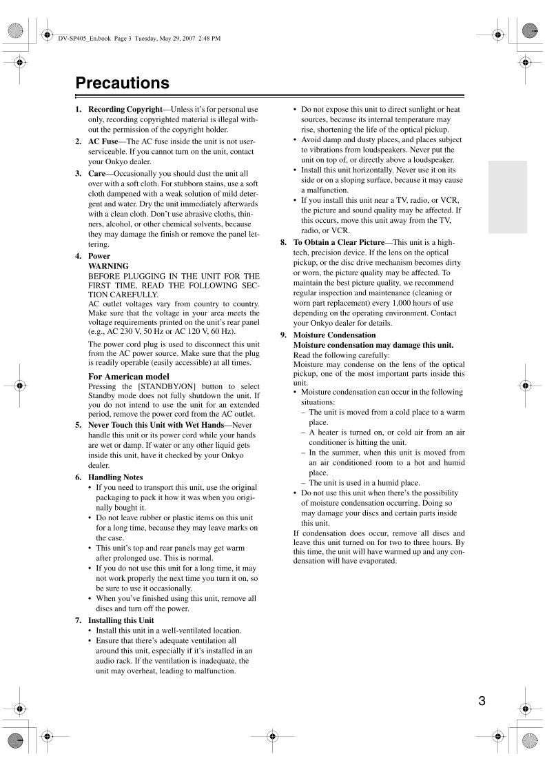 Onkyo DVSP405 DVD Player Operating Manual