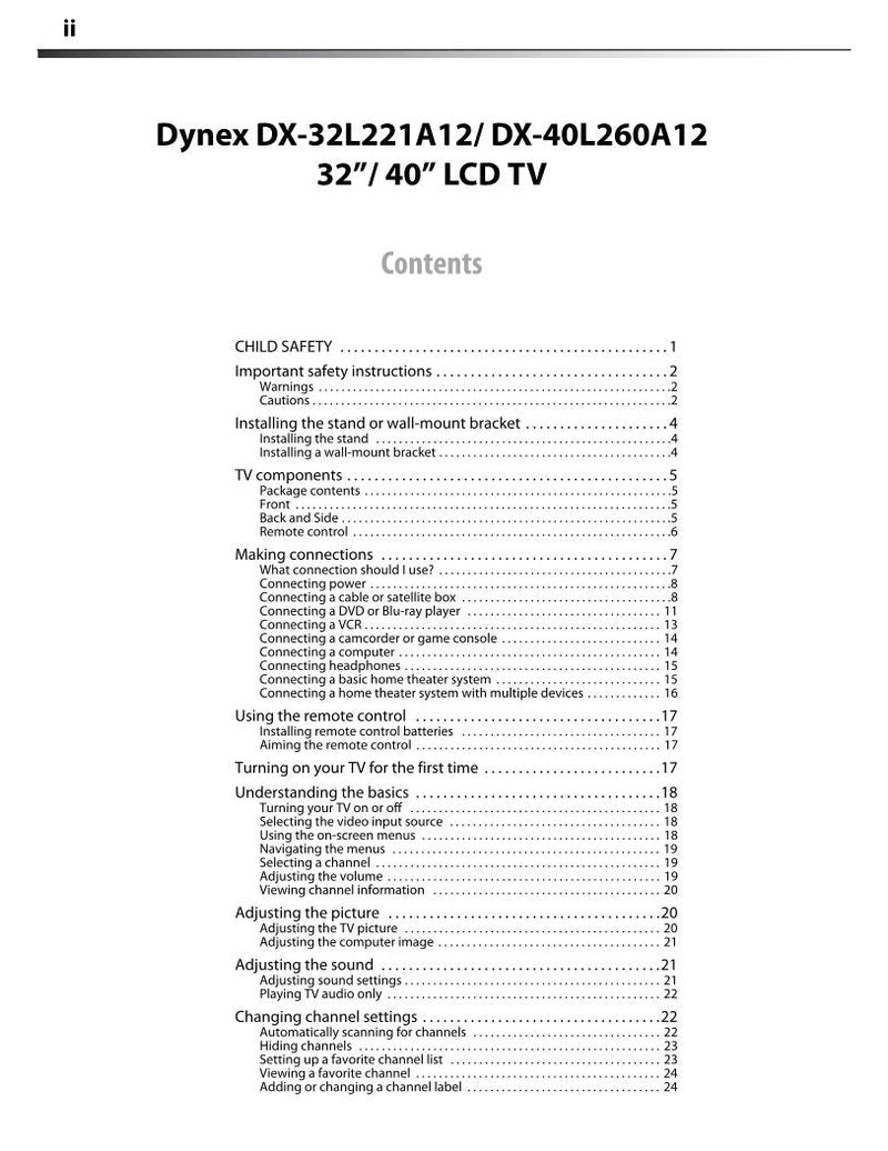 Dynex DX32L221A12 DX32L221A12E32BAZNKXMBUNNX DX40L260A12 TV Operating Manual