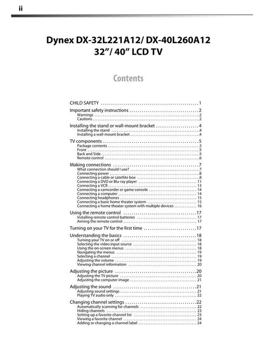 Dynex DX32L221A12 DX32L221A12E32BAZNKXMBUNNX DX40L260A12 TV Operating Manual