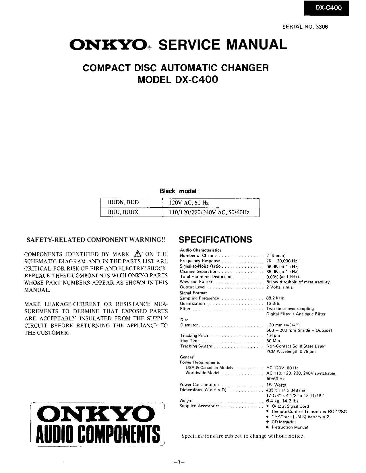 Onkyo DX-C400 CD Player/ Changer Service Manual (Pages: 36)
