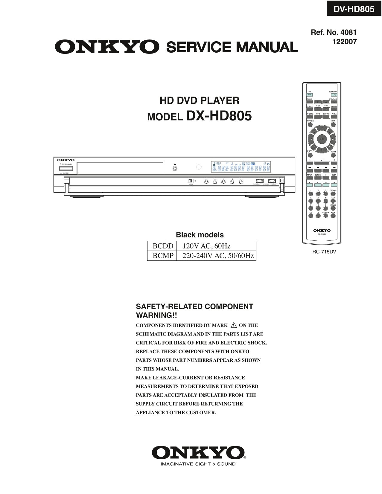 Onkyo DX-HD805 HD DVD Player Service Manual (Pages: 85)