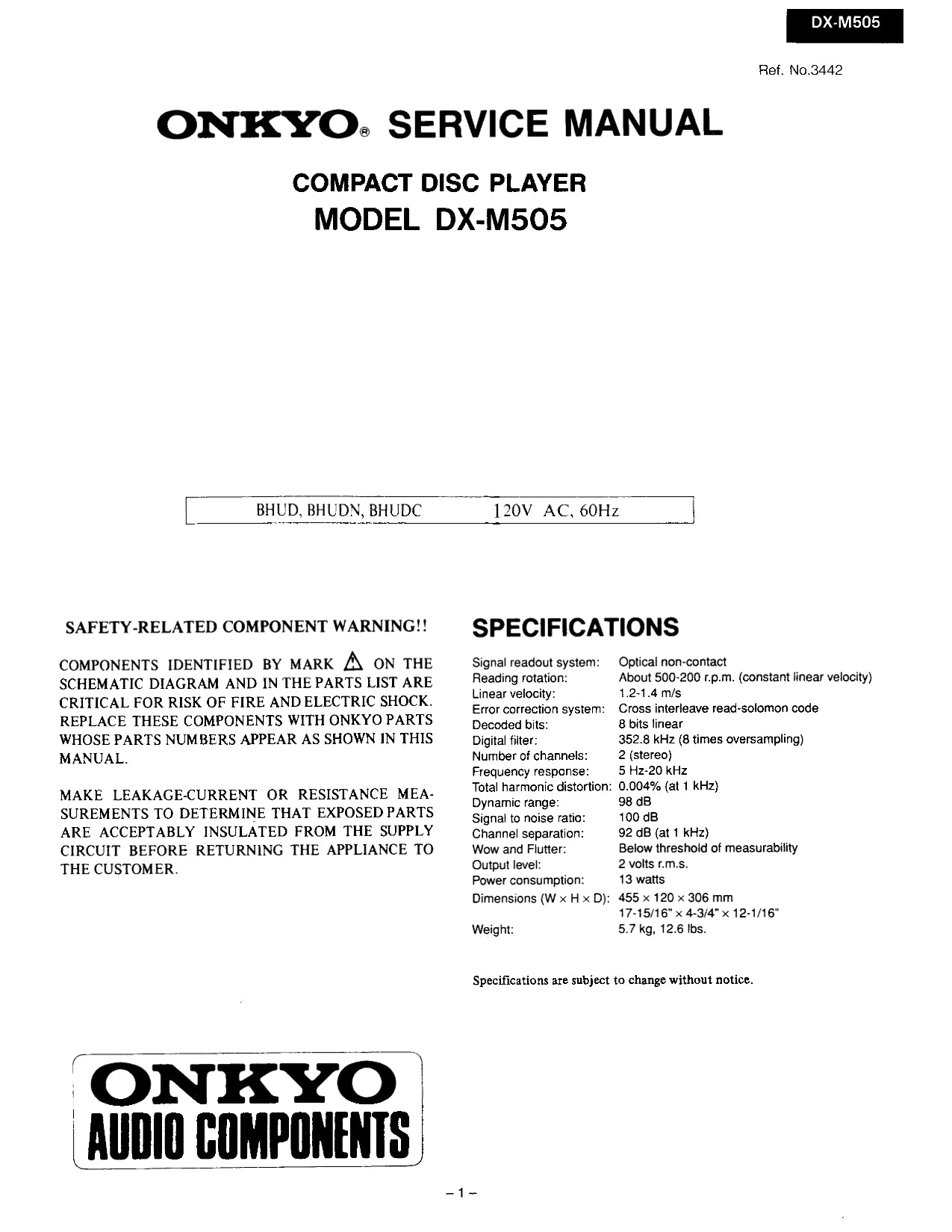 Onkyo DX-M505 CD Player Service Manual (Pages: 24)