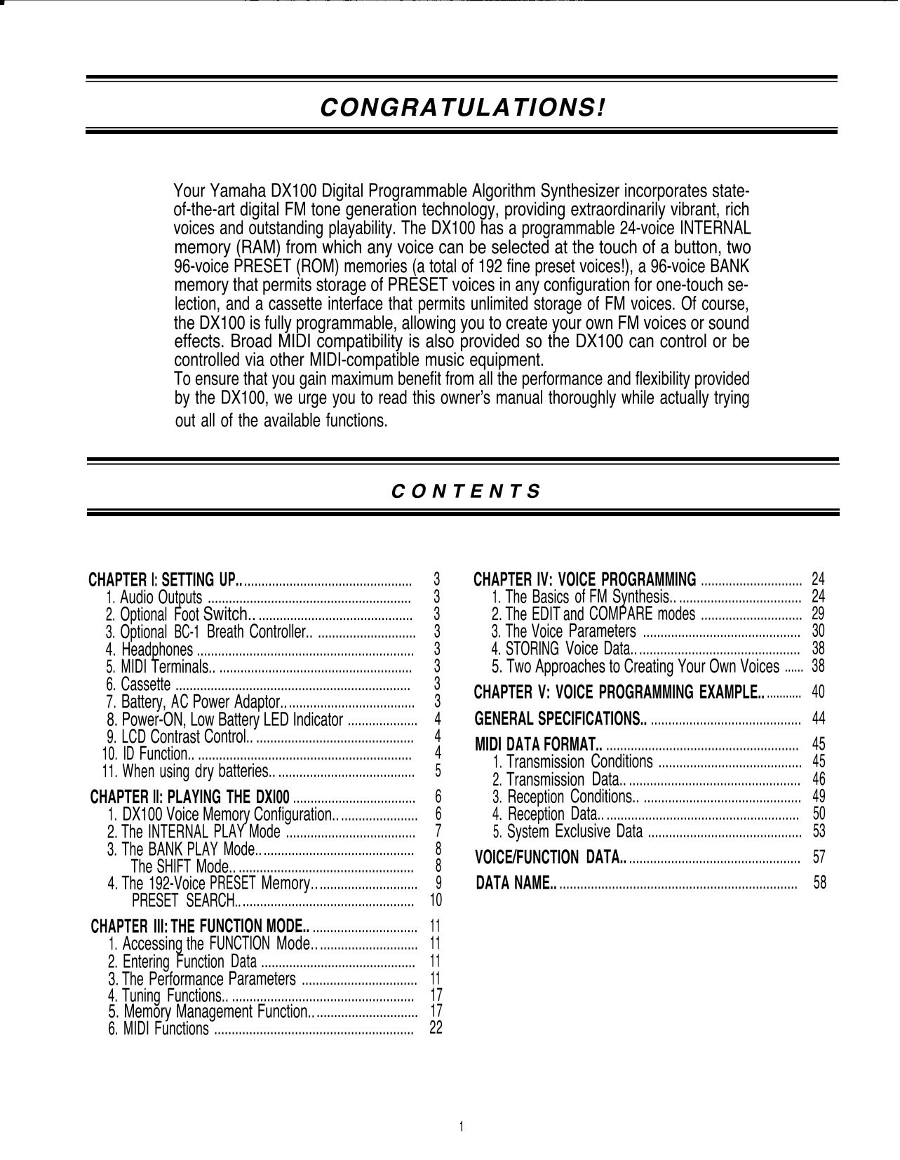 Yamaha DX100 Algorithm Synthesizer Owner/ User Manual (Pages: 61)