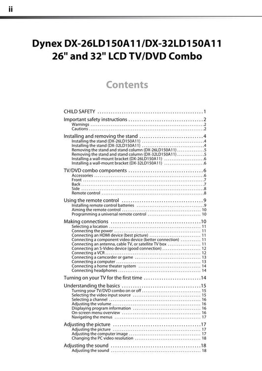 Dynex DX26LD150A11 DX26LD150A11A DX26LD150A11B TV Operating Manual