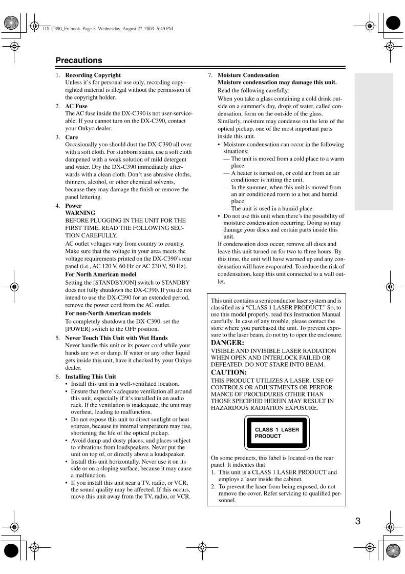 Onkyo DXC390 Audio/Video Receiver Operating Manual