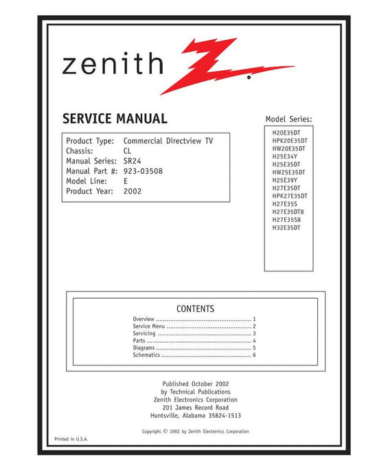 Zenith H20E35DT H25E34Y H25E35DT TV Operating Manual