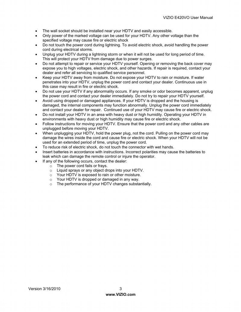 Vizio E420VO TV Operating Manual