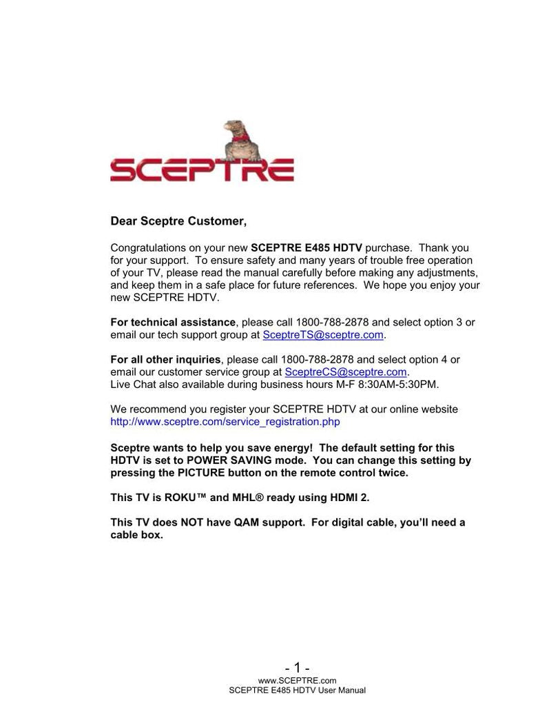 Sceptre E485BV-FMQR TV Operating Manual