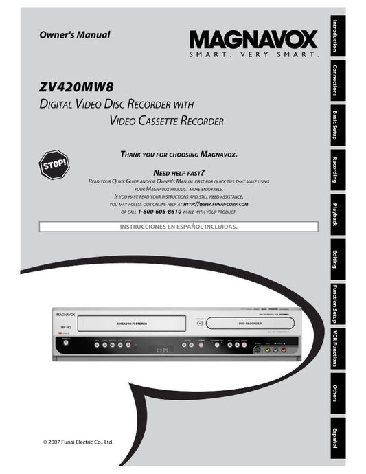 Magnavox ZV420 MW 8 DVD/VCR Combo Player Operating Manual