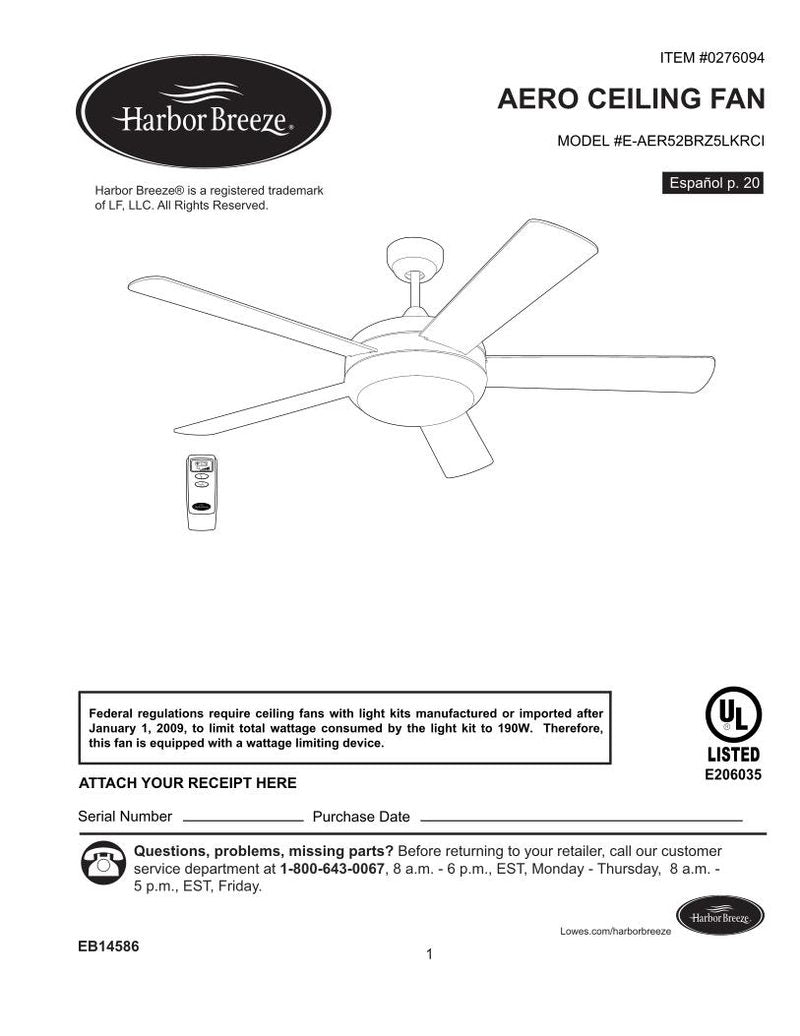 Harbor Breeze EAER52 BRZ 5LKRCI Aero Ceiling Fan Operating Manual