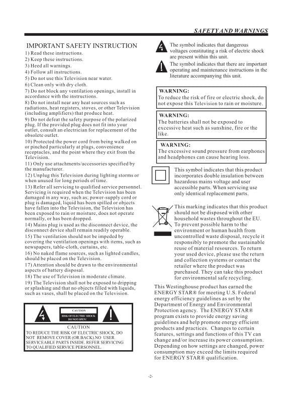 Westinghouse eu24h1g1 TV Operating Manual