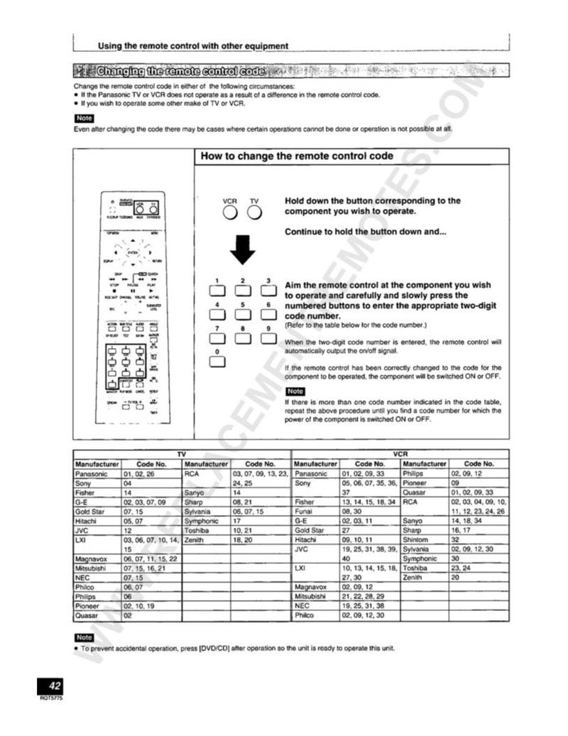 Panasonic EUR7502X10 Codes  Instructions Audio System Operating Manual