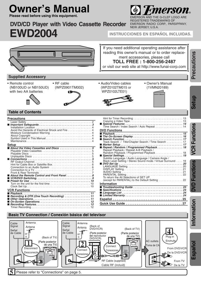 Emerson EWD2003 EWD2004 DVD/VCR Combo Player Operating Manual