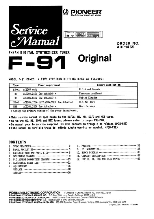 Pioneer F-91 AM/FM Digital Synthesizer Tuner Service Manual (Pages: 28)