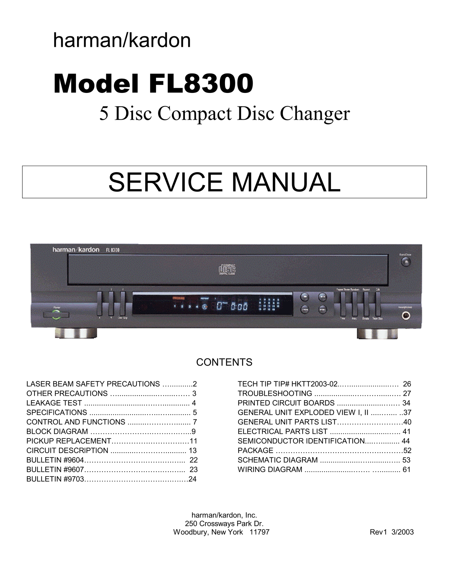 Harman/ Kardon FL8300 CD Player Service Manual (Pages: 68)