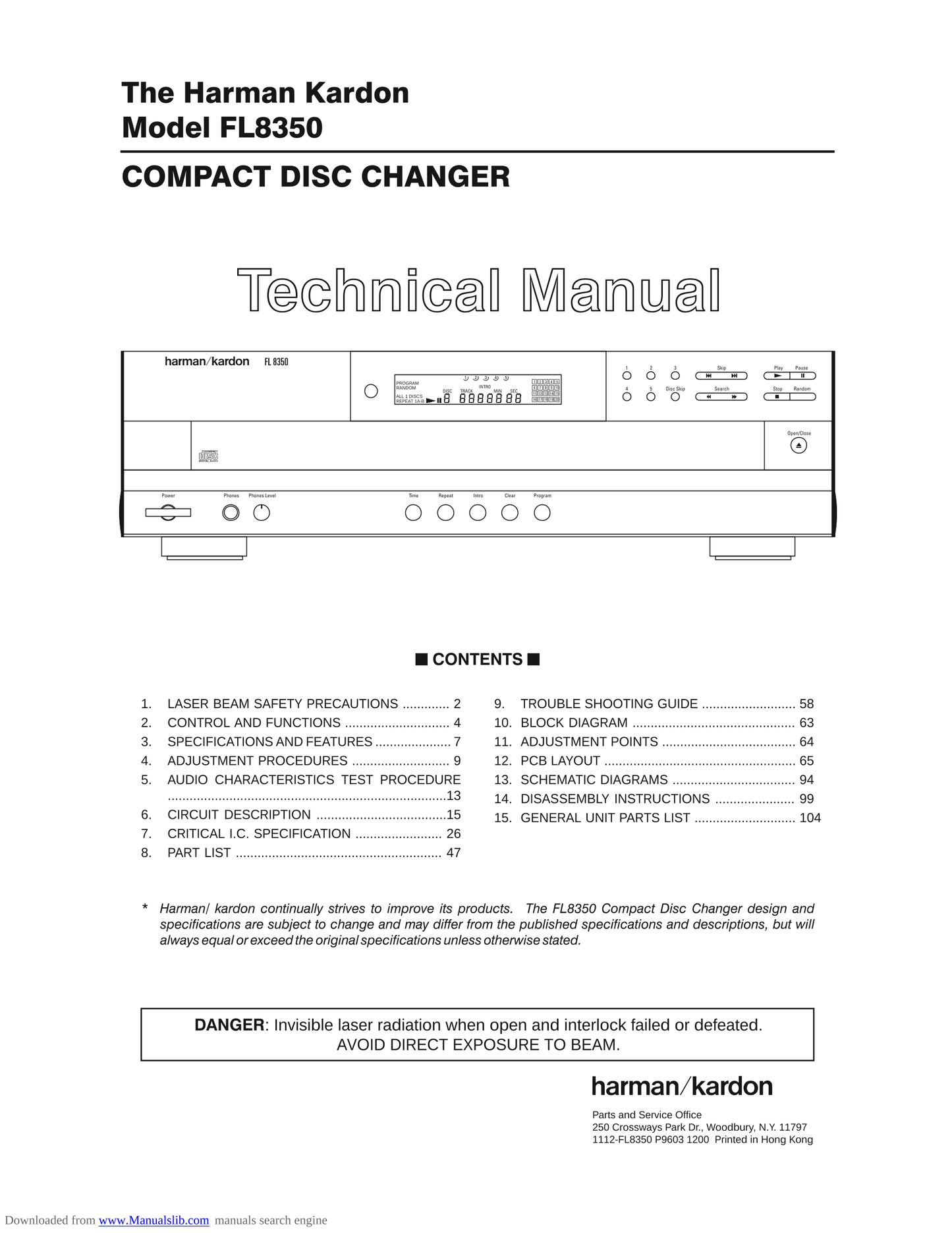 Harman/ Kardon FL8350 CD Player Service Manual (Pages: 111)