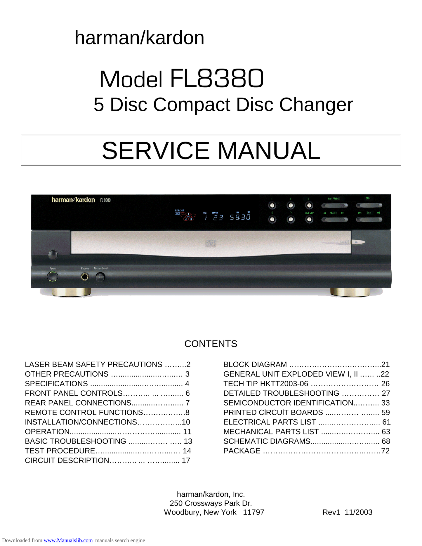 Harman/ Kardon FL8380 5 Disc CD Player Service Manual (Pages: 72)