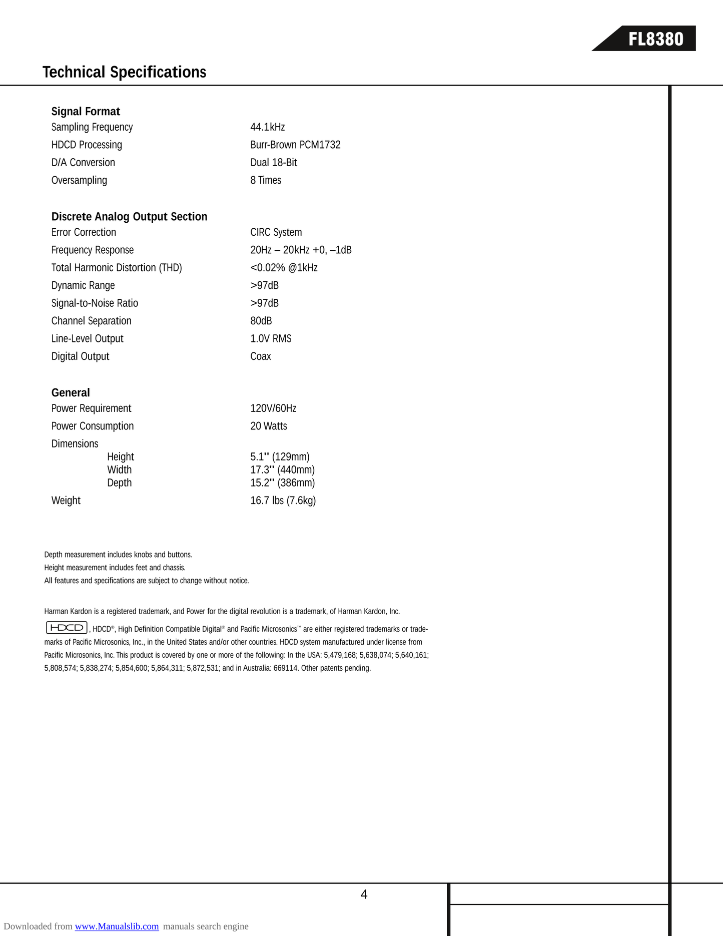 Harman/ Kardon FL8380 5 Disc CD Player Service Manual (Pages: 72)