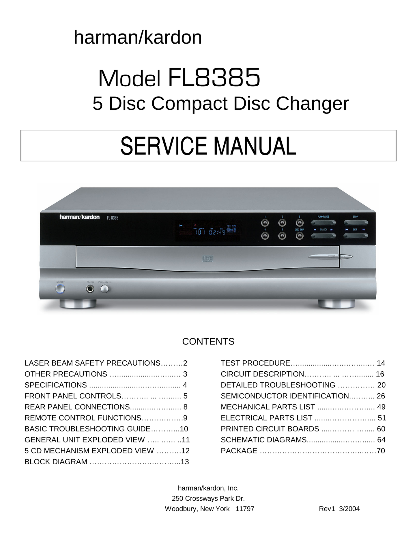 Harman/ Kardon FL8385 5 Disc CD Player Service Manual (Pages: 70)