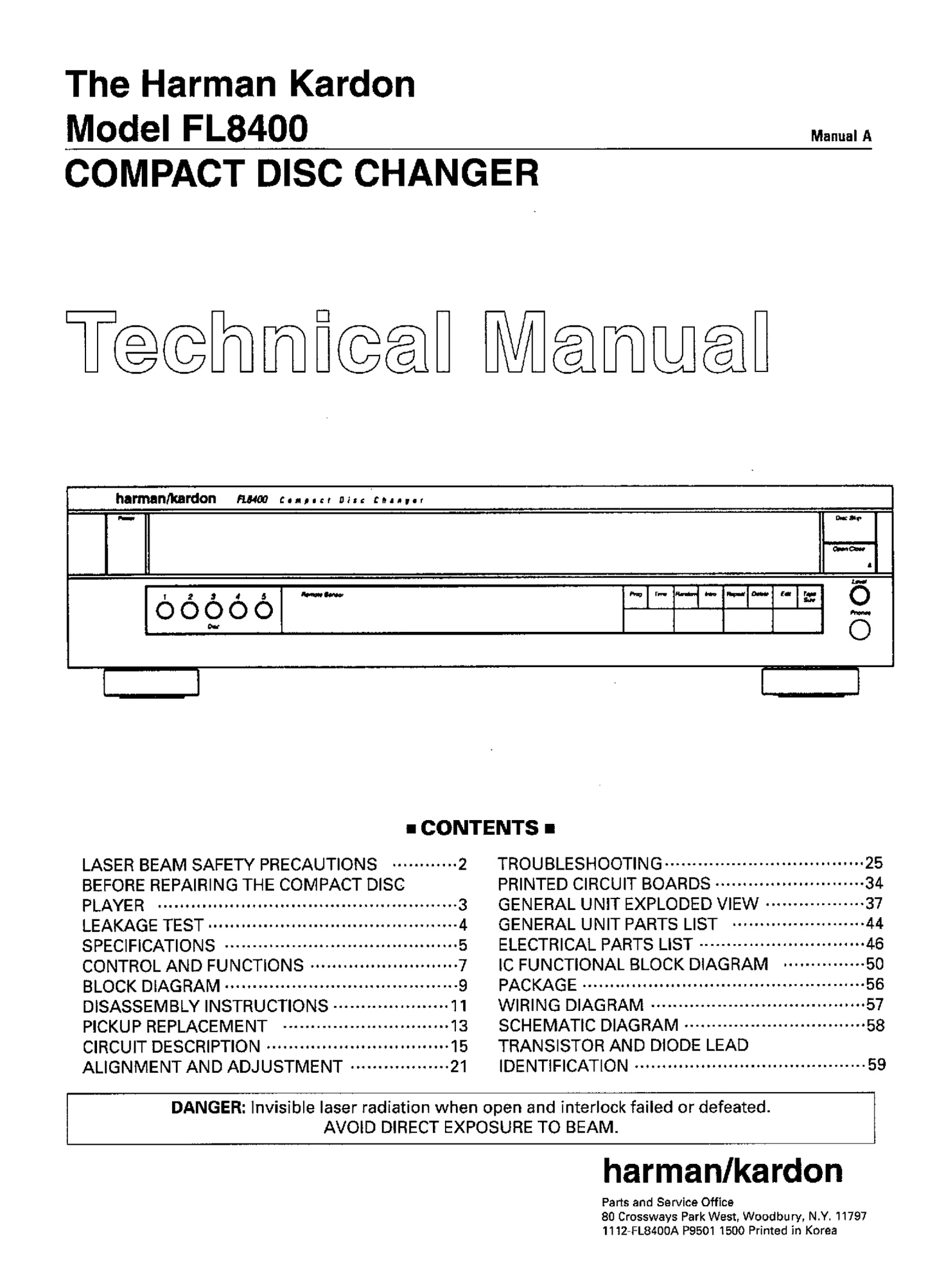 Harman/ Kardon FL8400 CD Player/ Changer Owner & Service Manual (Pages: 96)