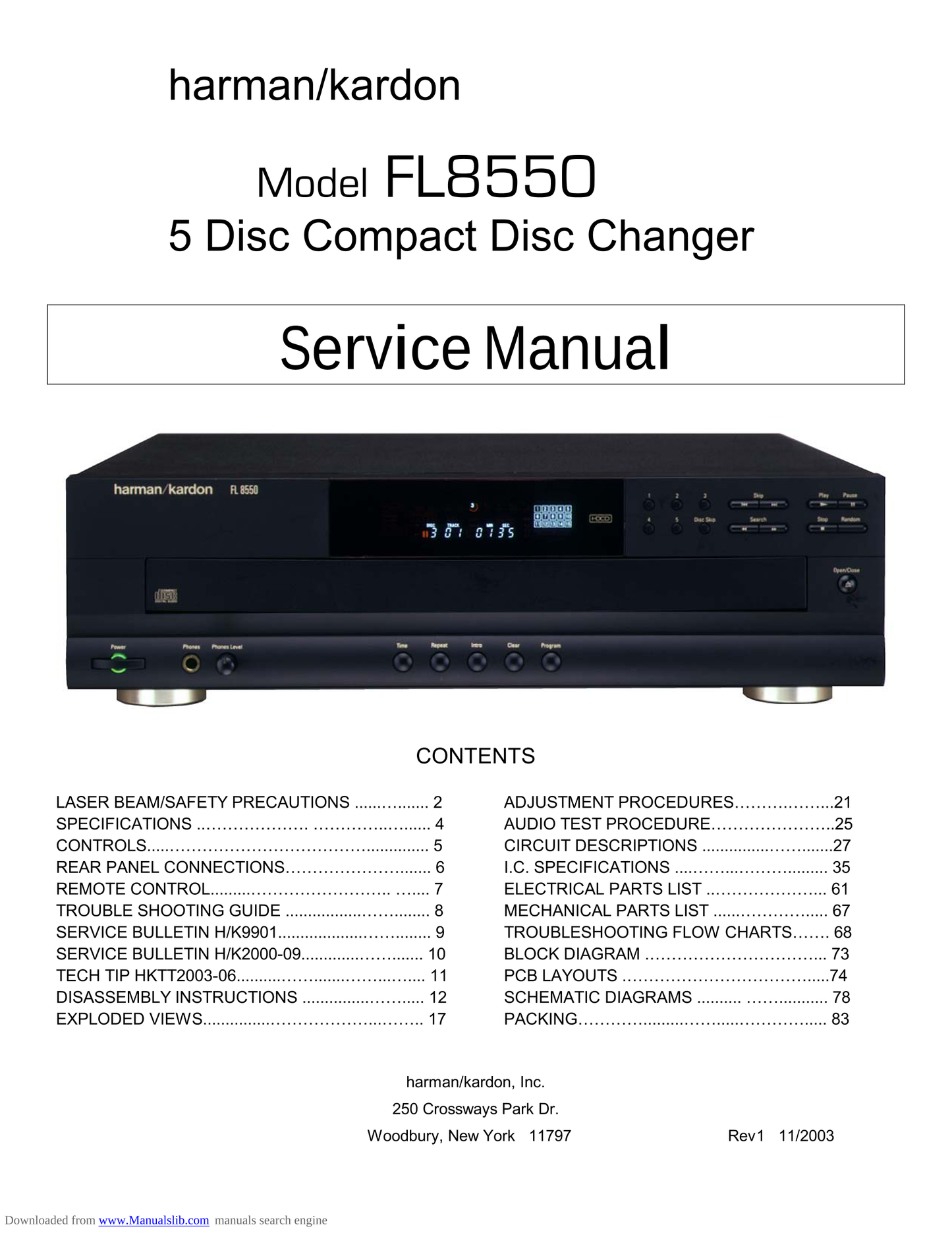 Harman/ Kardon FL8550 5 Disc CD Player Service Manual (Pages: 83)