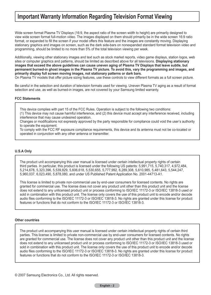 Samsung FPT5094W FPT5894W TXR2035X/XA TV Operating Manual