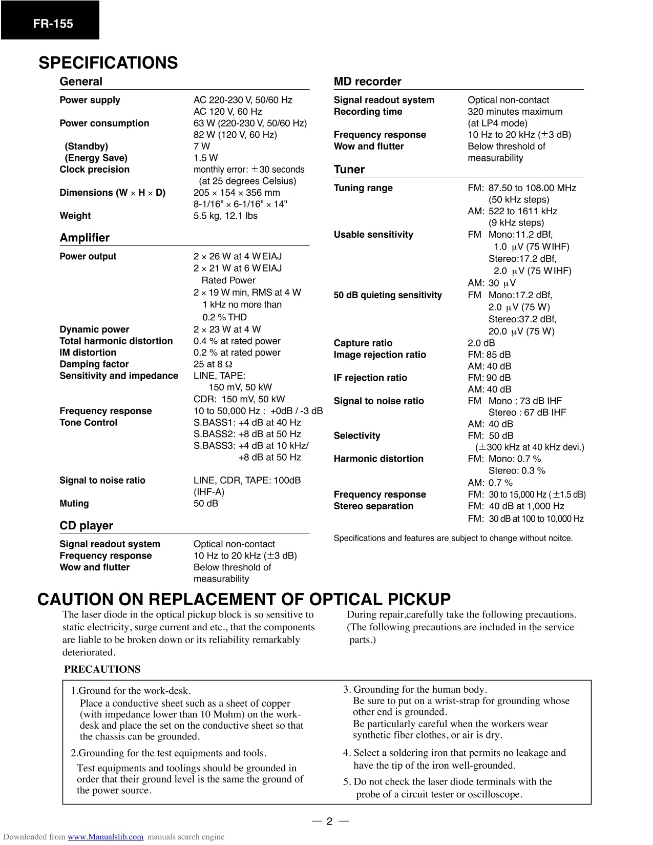 Onkyo FR-155 CD/ Tuner Amplifier Service Manual (Pages: 48)