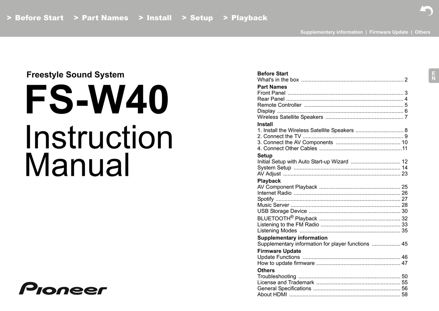 Pioneer FS-W40 Freestyle Sound System Owner/ User Manual (Pages: 59)