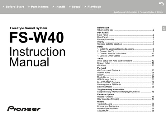 Pioneer FS-W40 Freestyle Sound System Owner/ User Manual (Pages: 59)