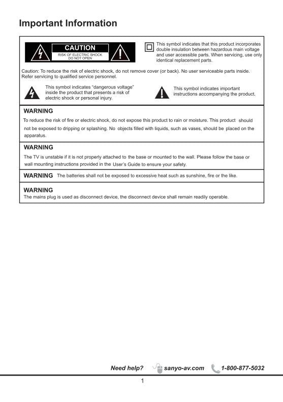 Sanyo FW48D25T TV Operating Manual